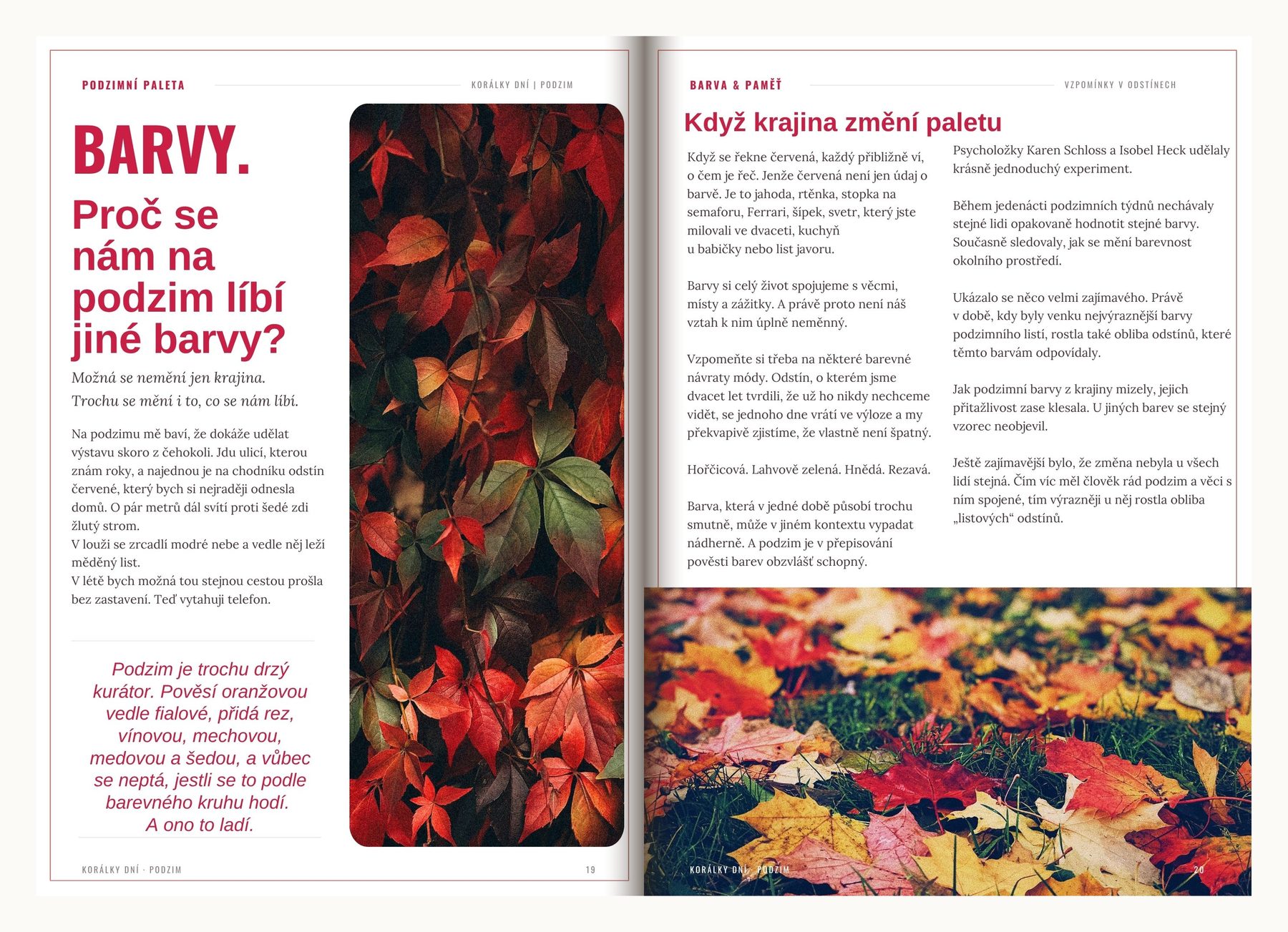 Rozevřená dvojstrana magazínu Korálky dní PODZIM — rubrika Barvy